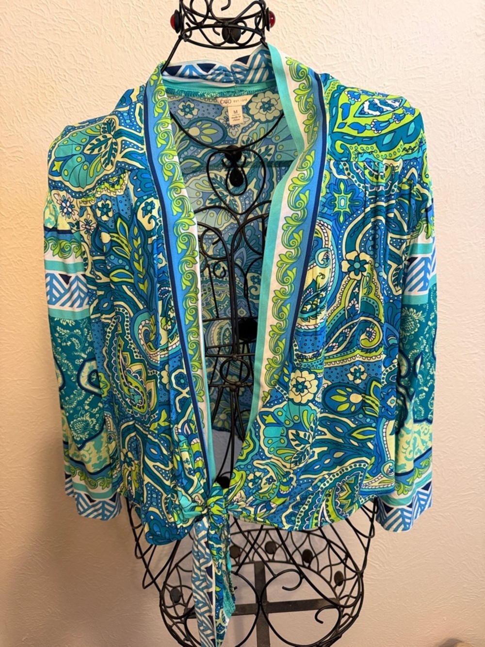 🌴🌴🌴BOGOHO🌴🌴🌴Cato Blue Green Paisley Tie-Front Cardigan-Medium